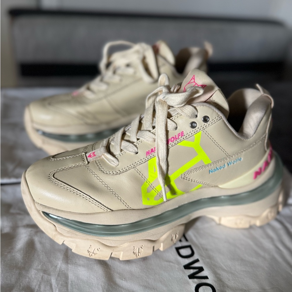 Naked Wolfe Cream Sneakers with Neon Accents